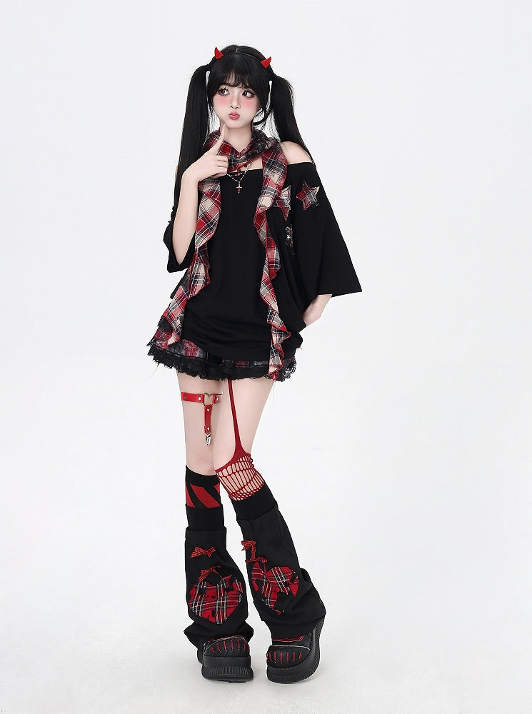 Glamorous Scarf Neckline with T-Shirt Red Plaid Star Appliques Black Asymmetrical