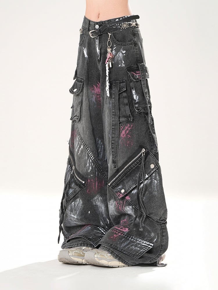 Distressed Black Wide-leg Jeans Rise Zipper Details Low Spray Paint Print
