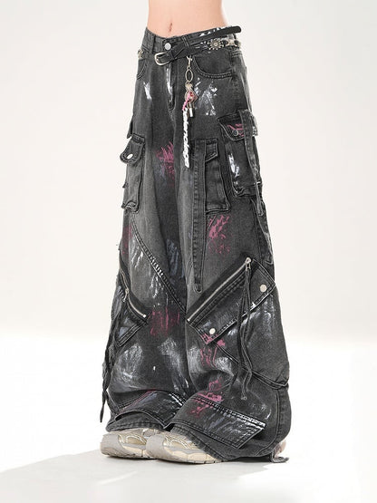Distressed Black Wide-leg Jeans Rise Zipper Details Low Spray Paint Print