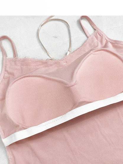 Grey Double-layered Lace Cami Top+Pink Padded Cups Cami Top Set