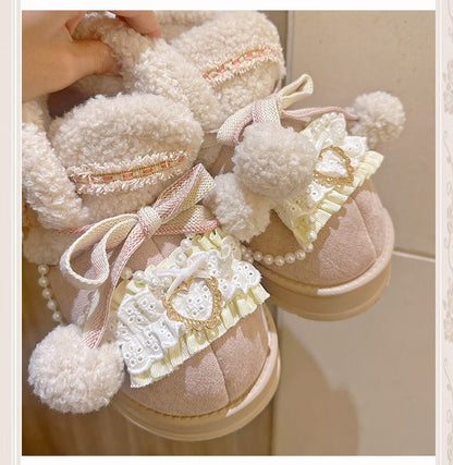 Beige&Pink Pompons Plush Platform Ugg Boots with Beaded Chain