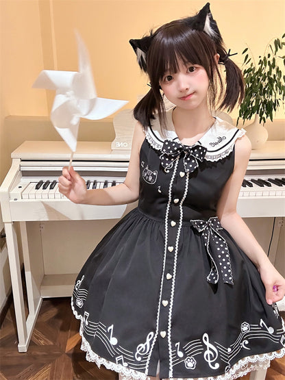 Design Sleeveless Melodic Kitty Black Sailor Collar Keyboard Dress Back