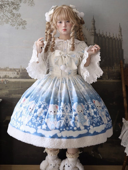 Teddy and Snowflake Blue Winter Fleece Hemline Sweet Lolita Dress