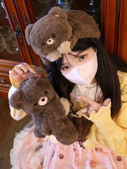 Bonnet en peluche brodé ours brun mignon