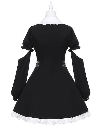 Jirai Kei Black Detachable Sleeves Buckle Straps Waist Landmine Style Dress