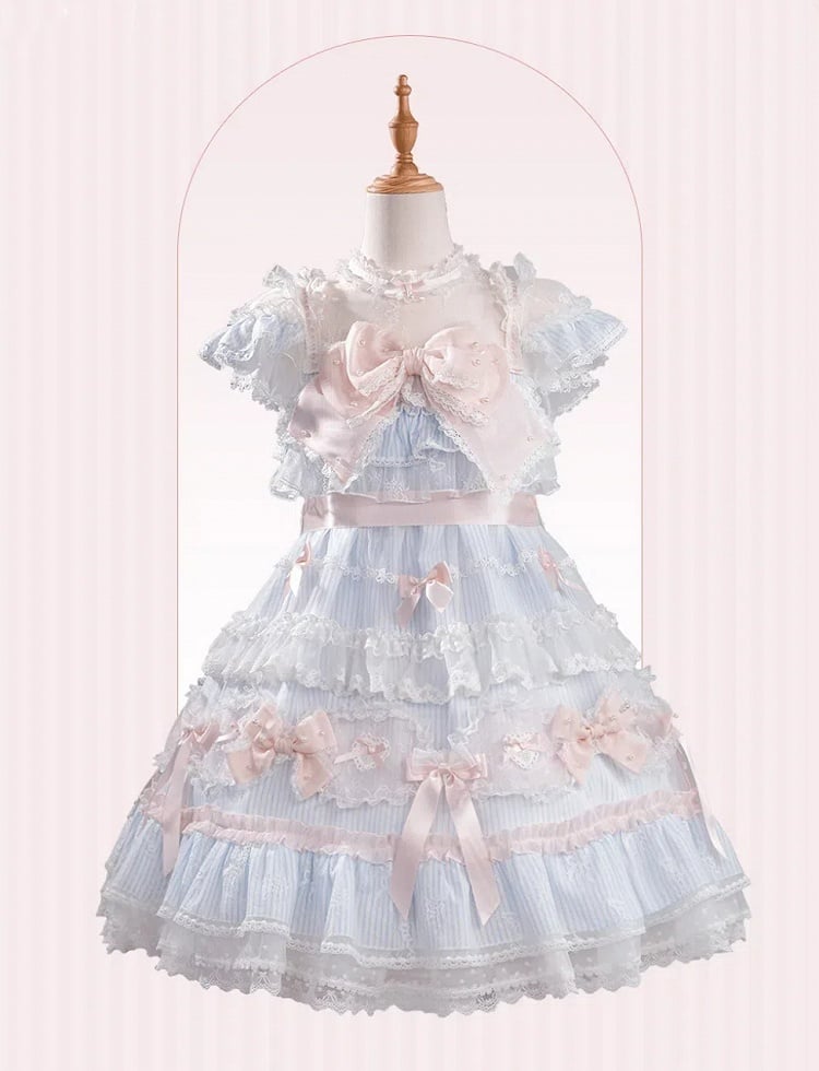 Gestreiftes Schleifenmuster Süß verziertes Kleid Lolita Blau Rosa