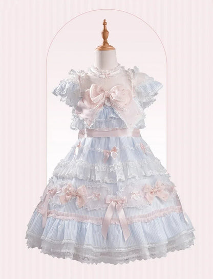 Gestreiftes Schleifenmuster Süß verziertes Kleid Lolita Blau Rosa