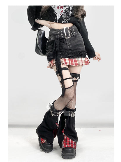 Warmers Pattern Skirt+Buckle Strap Black Denim Y2K Red Leg Hem Plaid