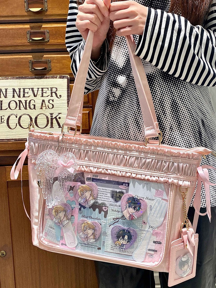 Ita Bag Ruffled Pink Ribbon Bow Large Trim Capacity Tote
