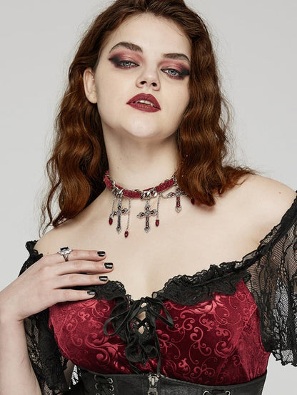 Red Goth Gorgeous Cross Choker