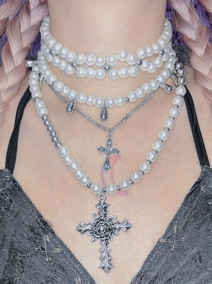 White Cross Pendants Multi-layers Goth Beaded Necklace