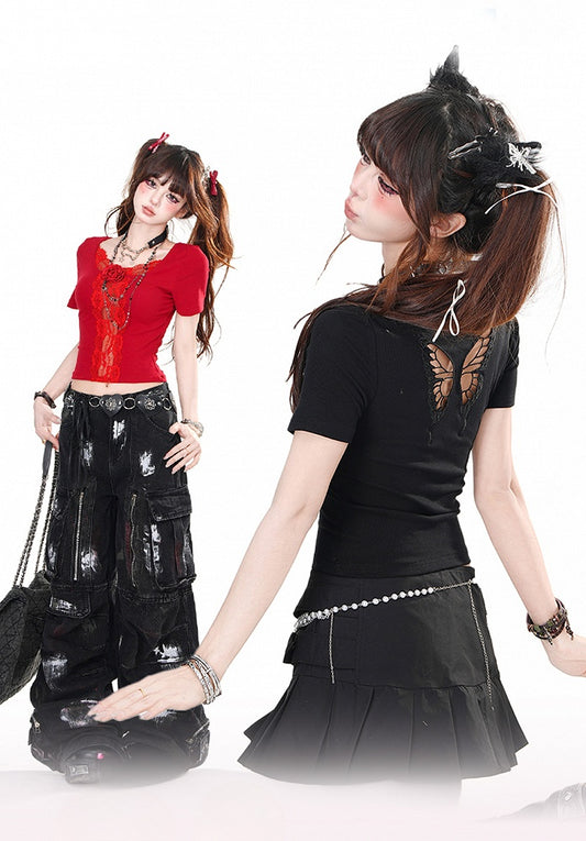 Black/Red Rosette Lace Trim Butterfly Cutout Detail Back Glamorous Cropped Top