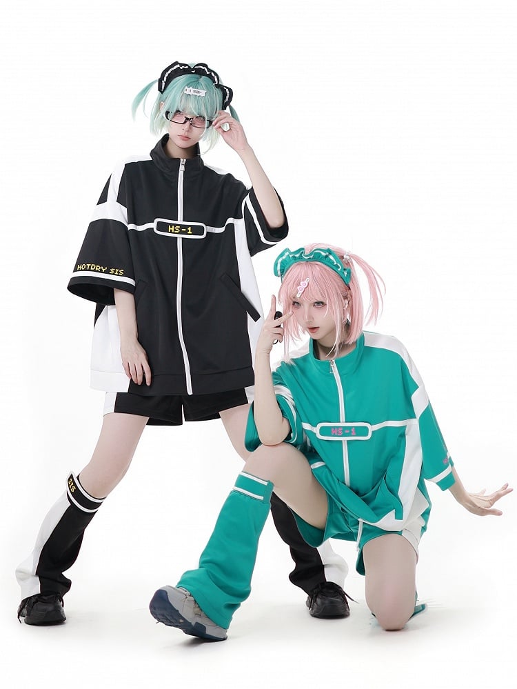 ホワイトカラーブロックデザインのグリーンレッグウォーマー