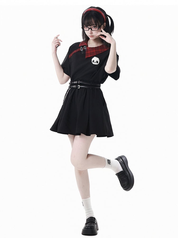 T-Shirt with Panda Straps Plushie Red Plaid Collar Black Buckle