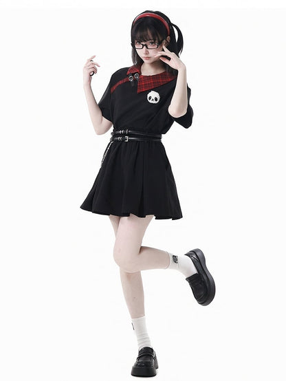 T-Shirt with Panda Straps Plushie Red Plaid Collar Black Buckle