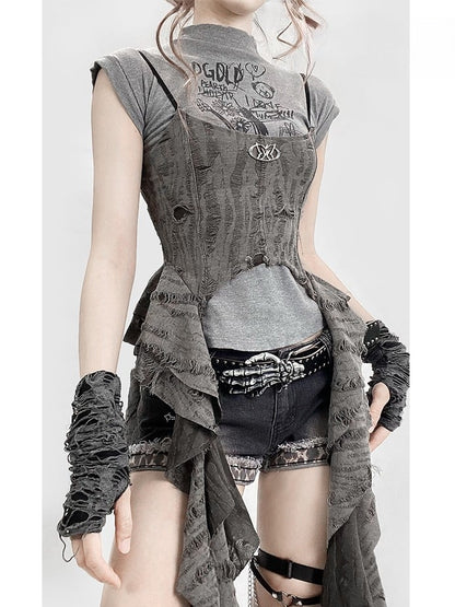 Punk Accents Ruffle Top Distressed Detail Wasteland Cascading Cami Gray