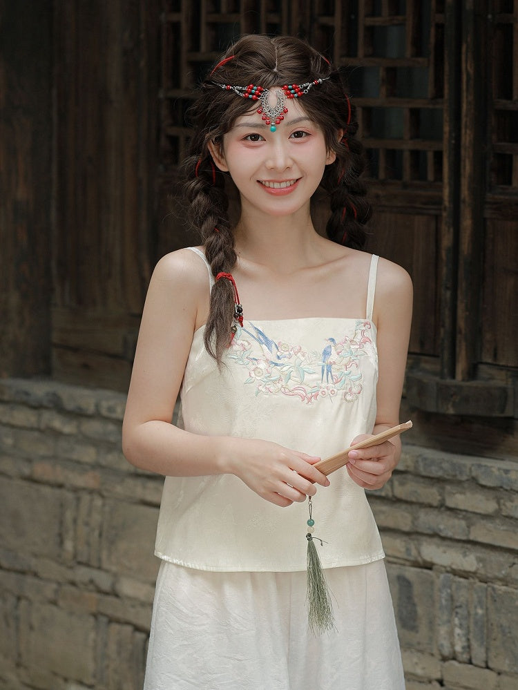 Cami and Embroidery Top Apricot Bird Floral