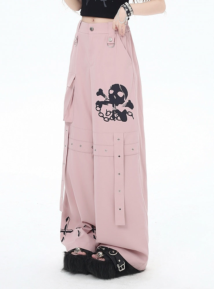 Cargo Skeleton Pockets and Cross Print Black/Grey/Pink Wide-Leg Pants