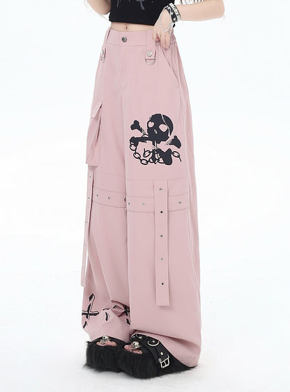 Cargo Skeleton Pockets and Cross Print Black/Grey/Pink Wide-Leg Pants