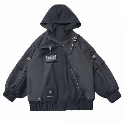 Black Buckle Straps Elastic Cuffs Waist Hooded Jacket Short/Long Version