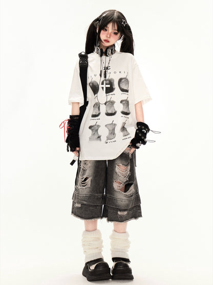 T-Shirt White Round Neck Apple Print Loose