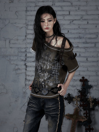 Green Military Steampunk Newspaper Straps Buckle Print Knit with T-shirt