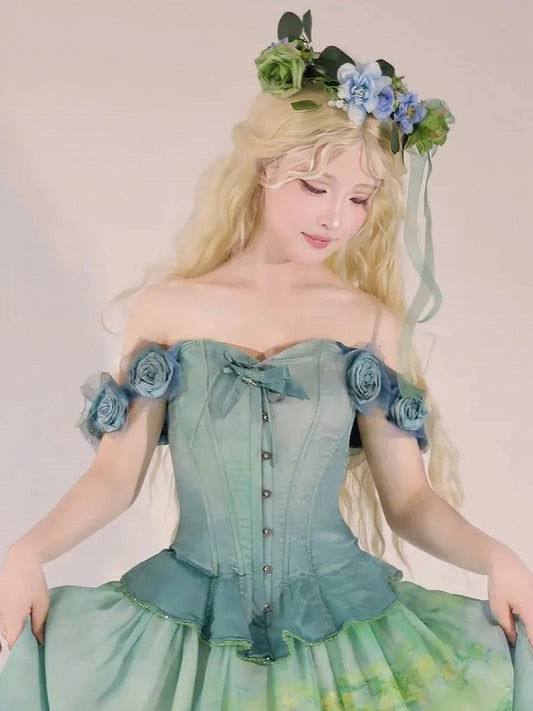 Flounce Green Hem Boned Corset Top with Detachable Floral Adornments
