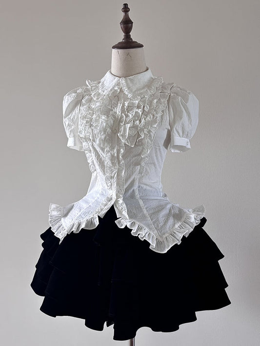 Trim Puff-Sleeve Collar White Blouse Ruffle