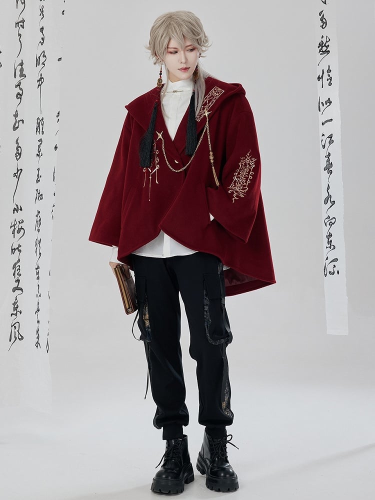 Red New Year Outfit Details Unisex Hooded Cape Coat