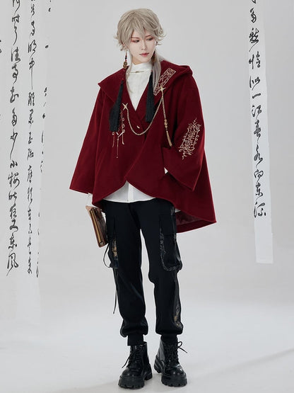 Red New Year Outfit Details Unisex Hooded Cape Coat