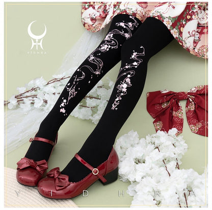 Black Sakura Print Wa Lolita  Tights