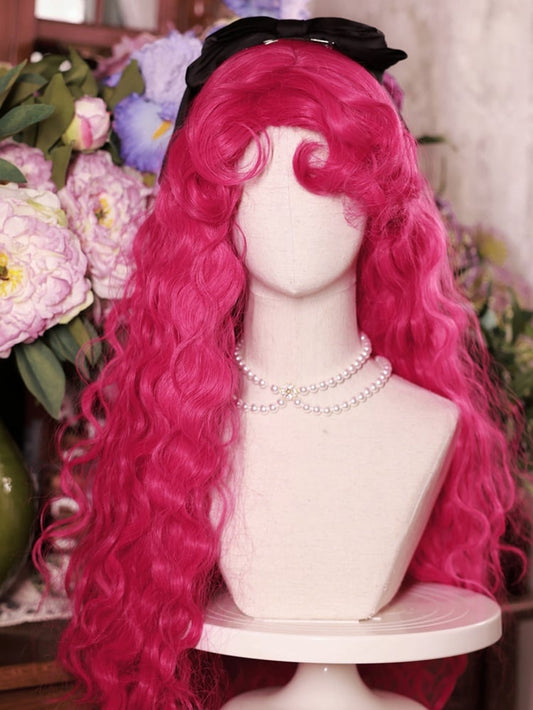 Dark Pink Curly Bangs Wavy  Synthetic Wig