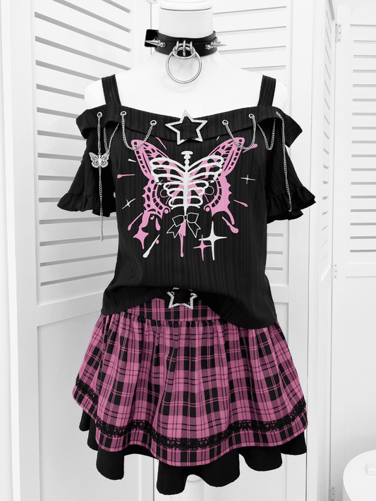 Embellished Neckline Butterfly Print T-shirt with Pink Plaid Y2K Chains Skirt Set Black