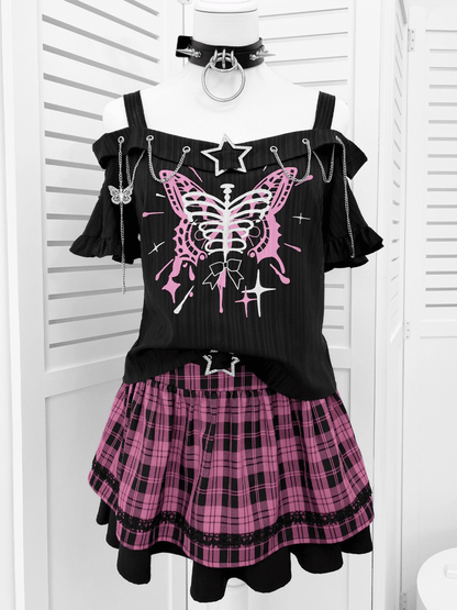Black Embellished Neckline Butterfly Y2K Chains Print