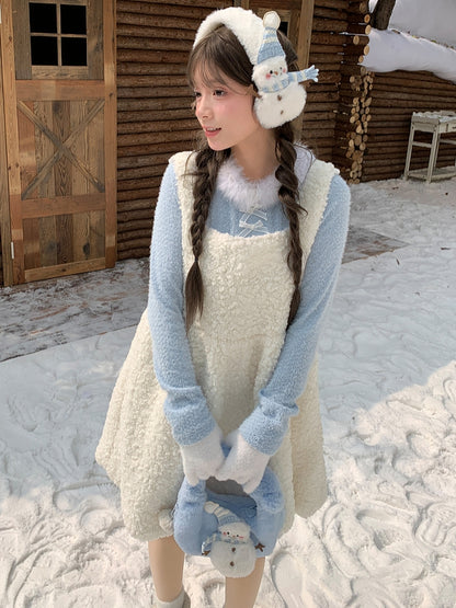 Haut à manches longues et col en peluche bleu avec détails nœud