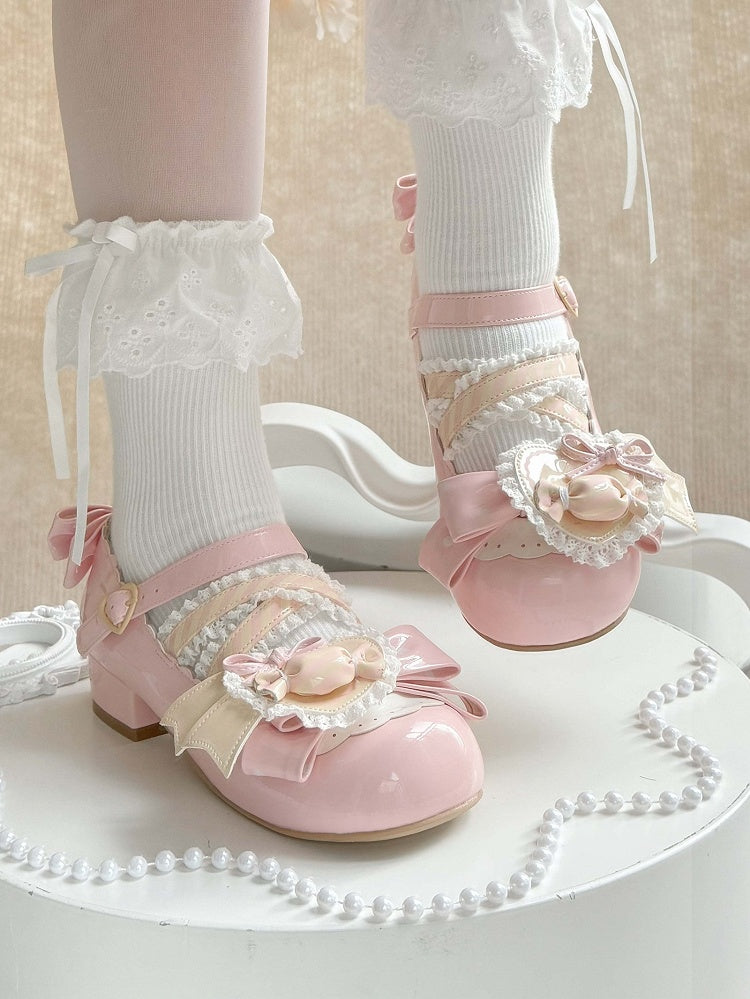 Schleifen Akzente Pink Jane PU Licht Mary Süße Schuhe mit