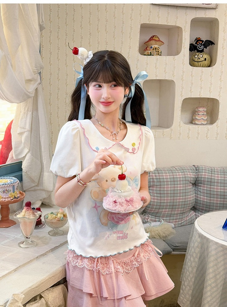 Cartoon Bear Print Hem White Peter Pan Collar Puff Sleeve Contrast Lettuce T-Shirt