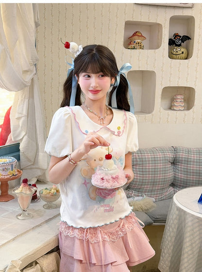 Cartoon Bear Print Hem White Peter Pan Collar Puff Sleeve Contrast Lettuce T-Shirt