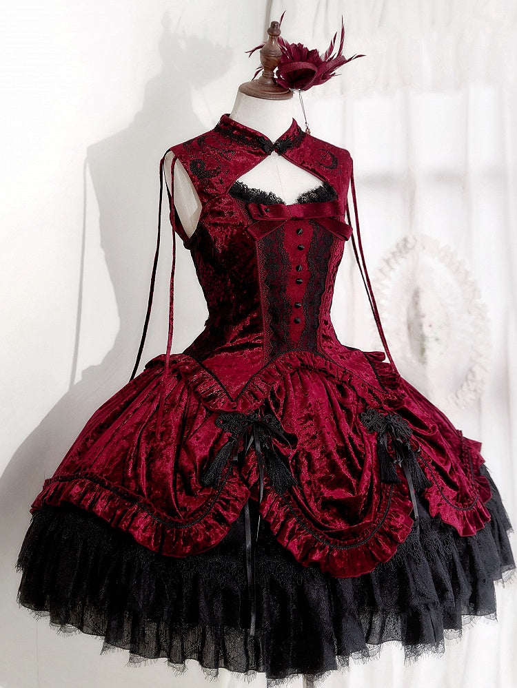 Red Gothic Lolita Velvet Tassel Knot Button Drawstring Skirt