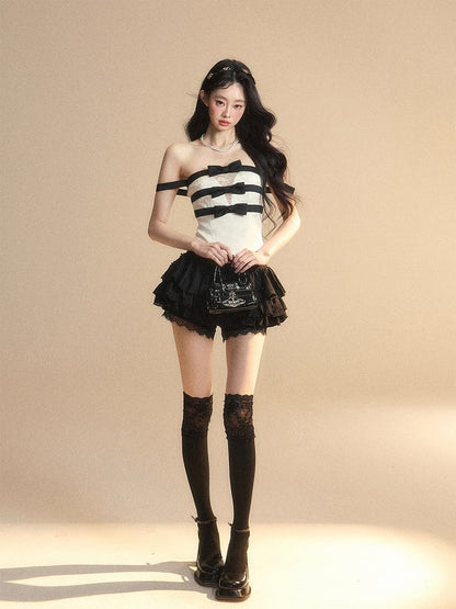Bowknot Details Patches Lace Glamorous Strapless Top Apricot Neckline