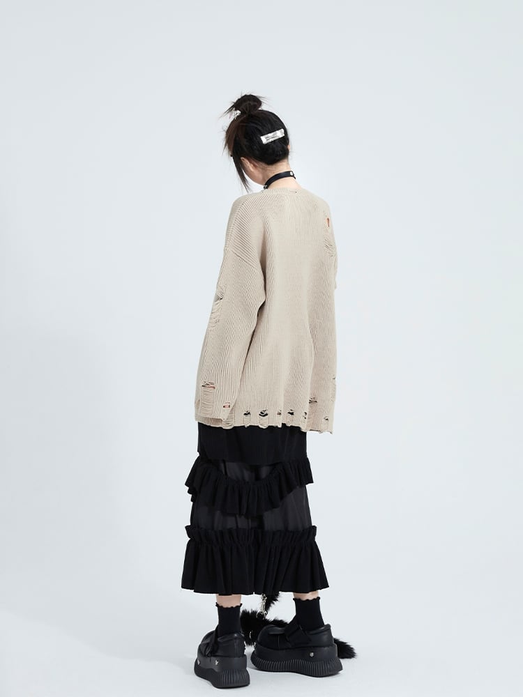 Khaki Fit with Distressed Girl Holes Print Top Relaxed Knit Anime