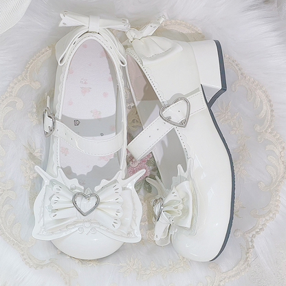 Sweet Lolita Milk White Bowknot Heart Buckle Strap Block Heel Mary Janes