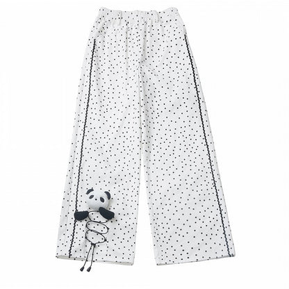 White Polka-Dot Pattern Cotton Straight-Leg Pants with Panda Plushie