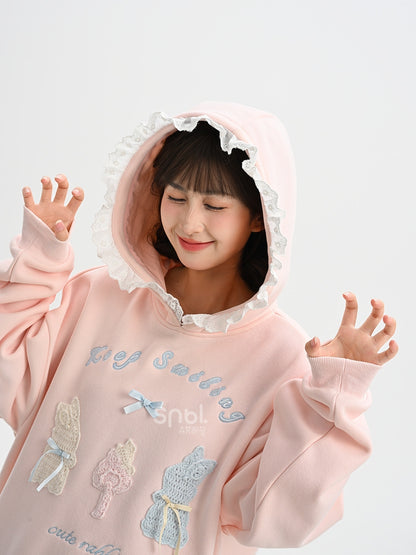Pink Cute Crocheted Bunnies Details Fleece Lined Hoodie