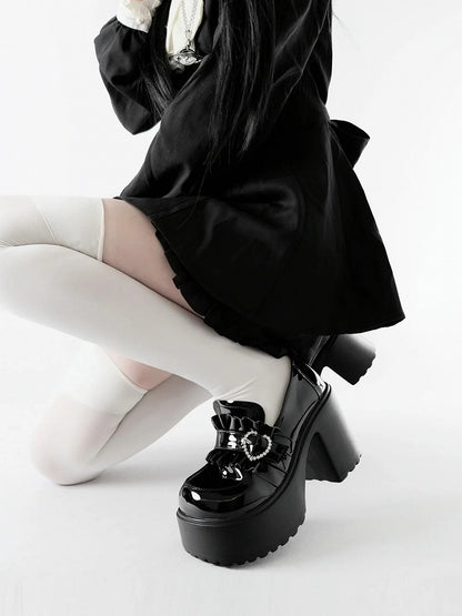 Platform Kei Black Polished Detail Heel Jirai with Sweetheart Loafers 9.5cm Beaded