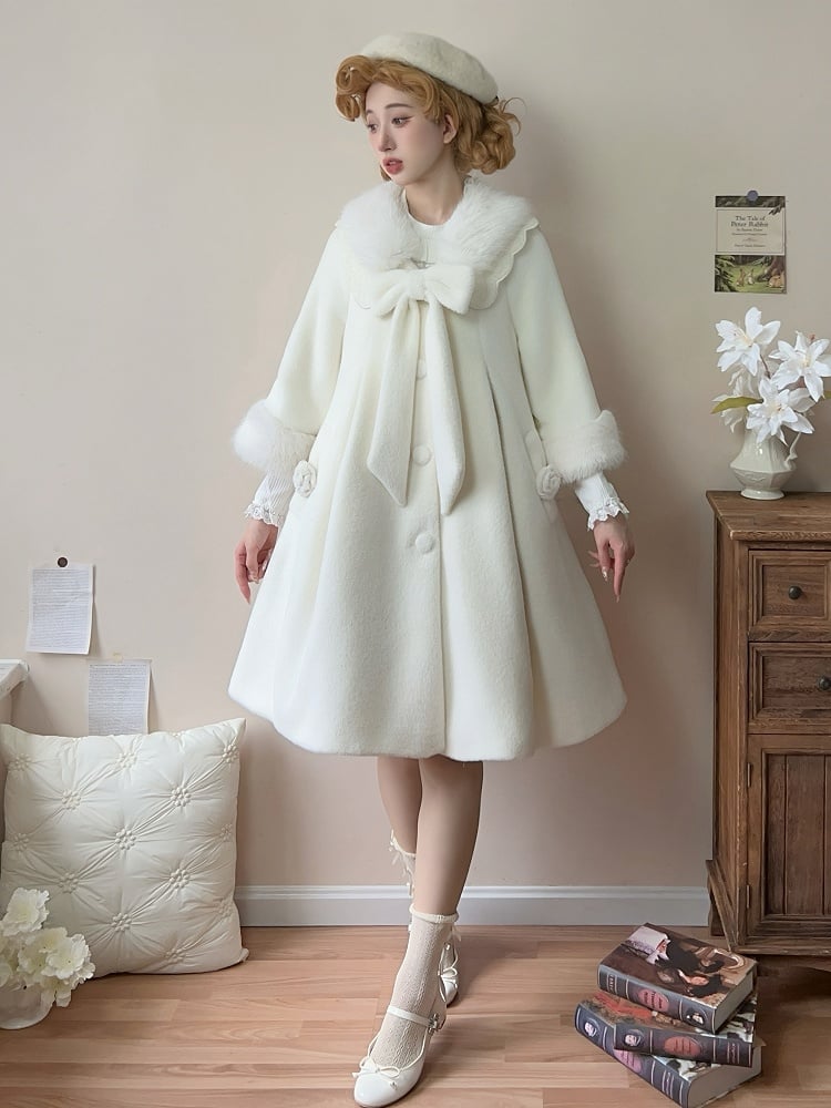 White Detachable Cozy Faux Fur Collar Winter Woolen Coat