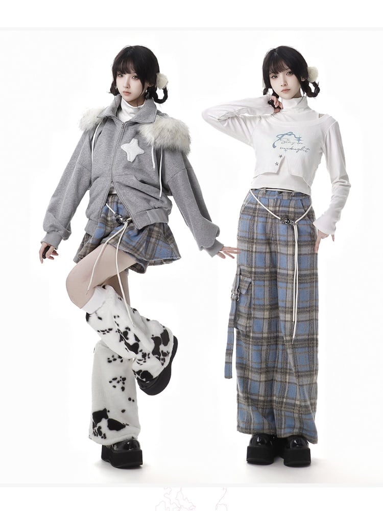 Blue Plaid Pants with Cargo Pockets