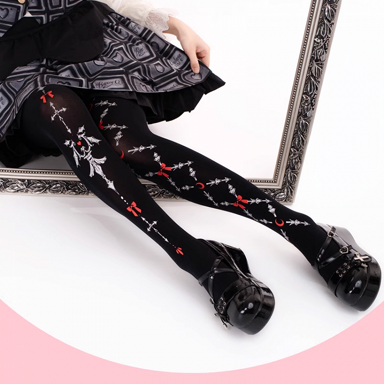 Schwarze Gothic Lolita Strumpfhose mit roten Schleifen