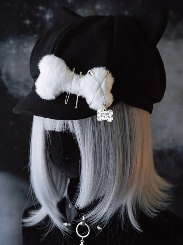 Design Schwarz Gothic Pin Verziert Ohr Hut Baskenmütze Katze Knochen Plüsch