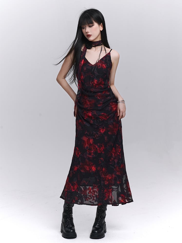 Floral Length Red and Black V-Neck Ankle Slip Dress